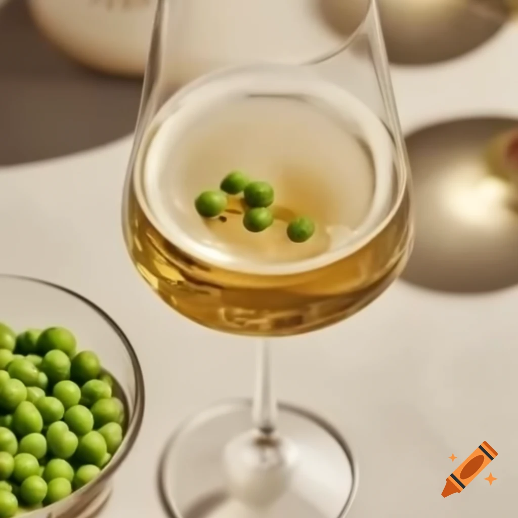 Glass of champagne with peas creatively placed on top