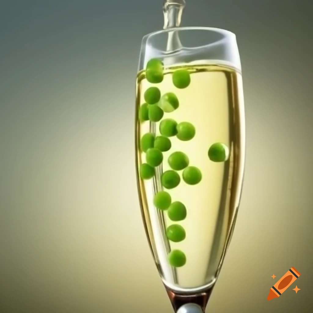 Glass of champagne with peas creatively placed on top