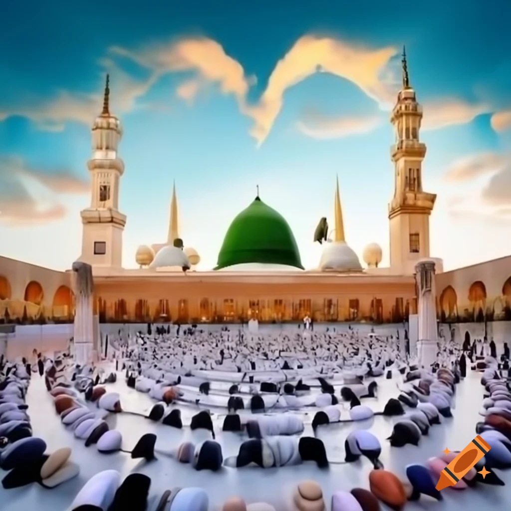 Portrait of Masjid-e-Nabawi with green dome and people praying in traditional attire