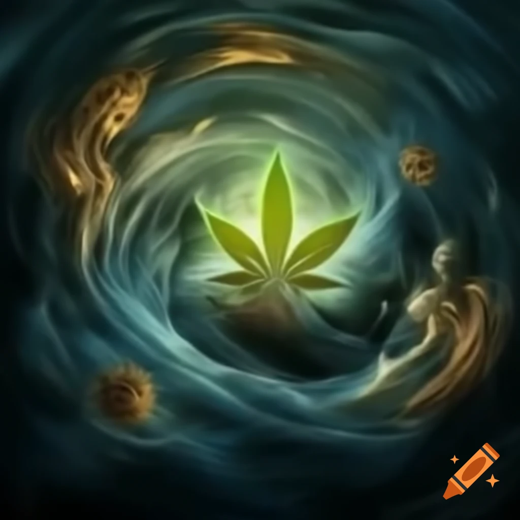 Reimagination of Leonardo da Vinci's work with radiant marijuana leaves and swirling electricity