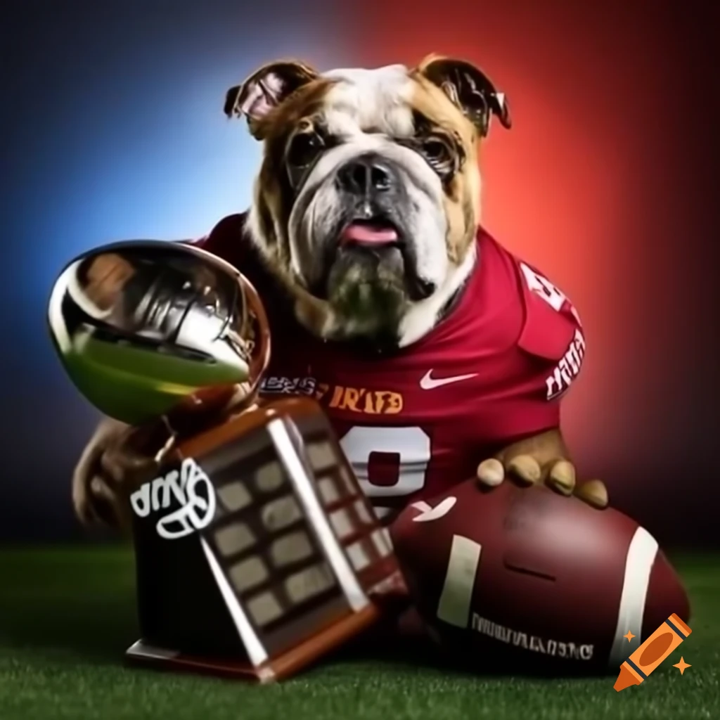 Bulldog in football gear celebrating national championship, Ferris State University uniform