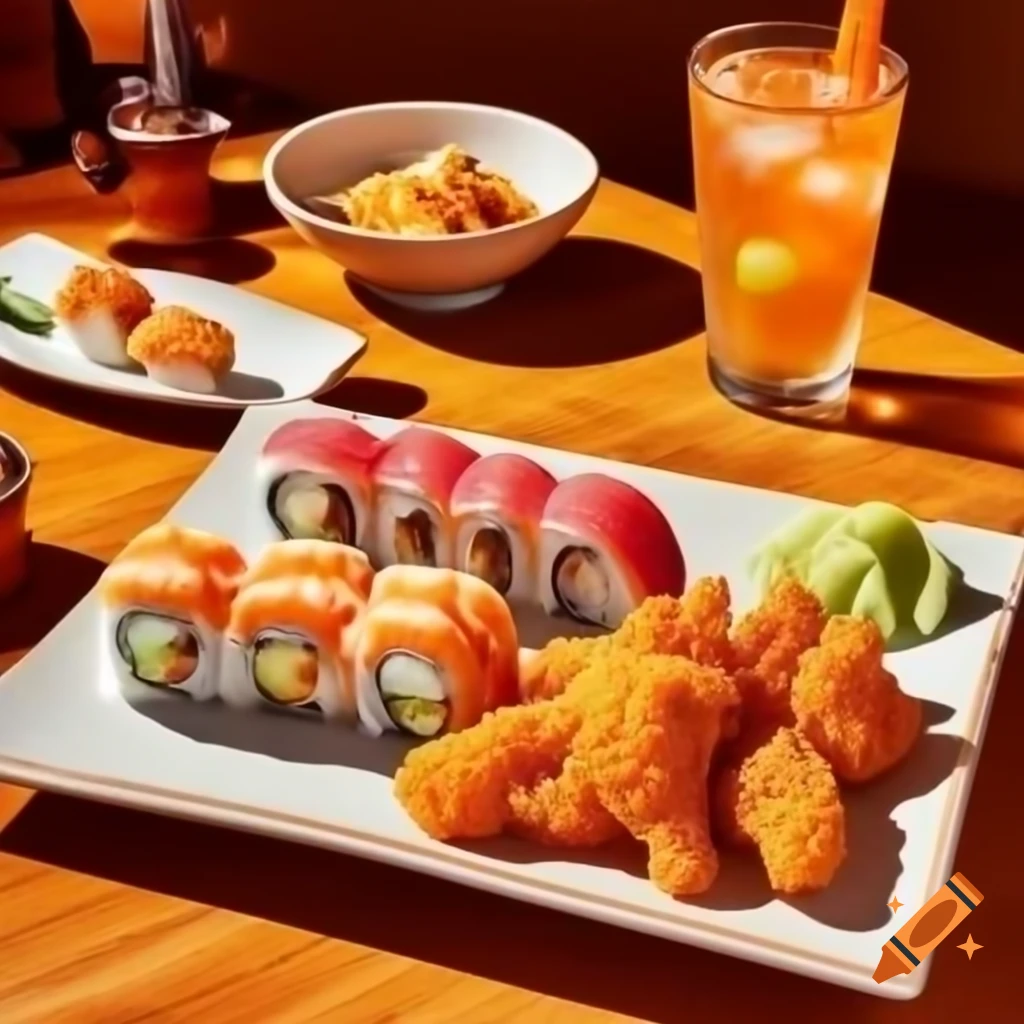 Sushi, fried chicken, iced soft drink, and bowl of fruit on a plate