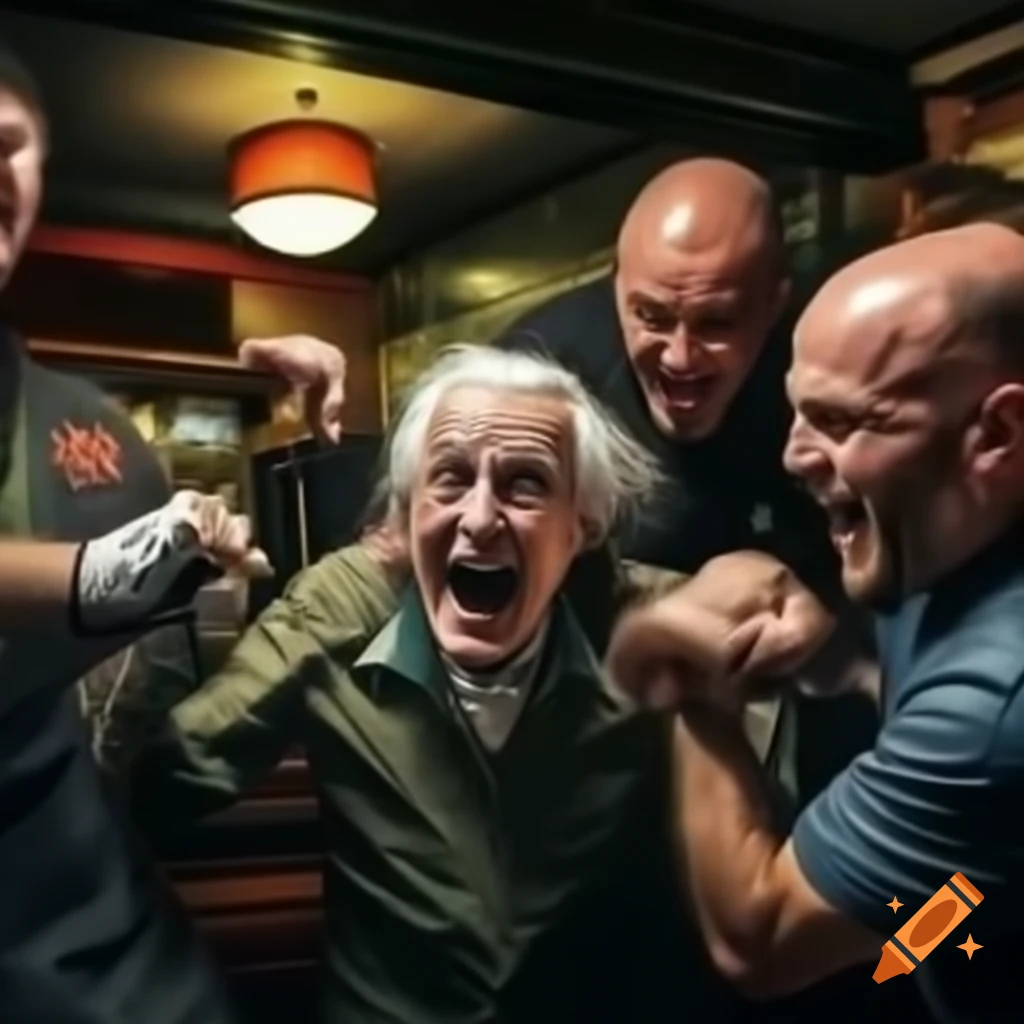 Older man and two younger men celebrating joyfully in a pub