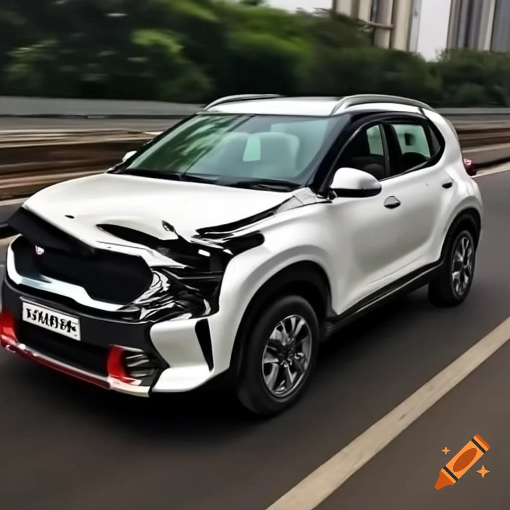 Totaled white Kia Sonet after accident on Mumbai highway