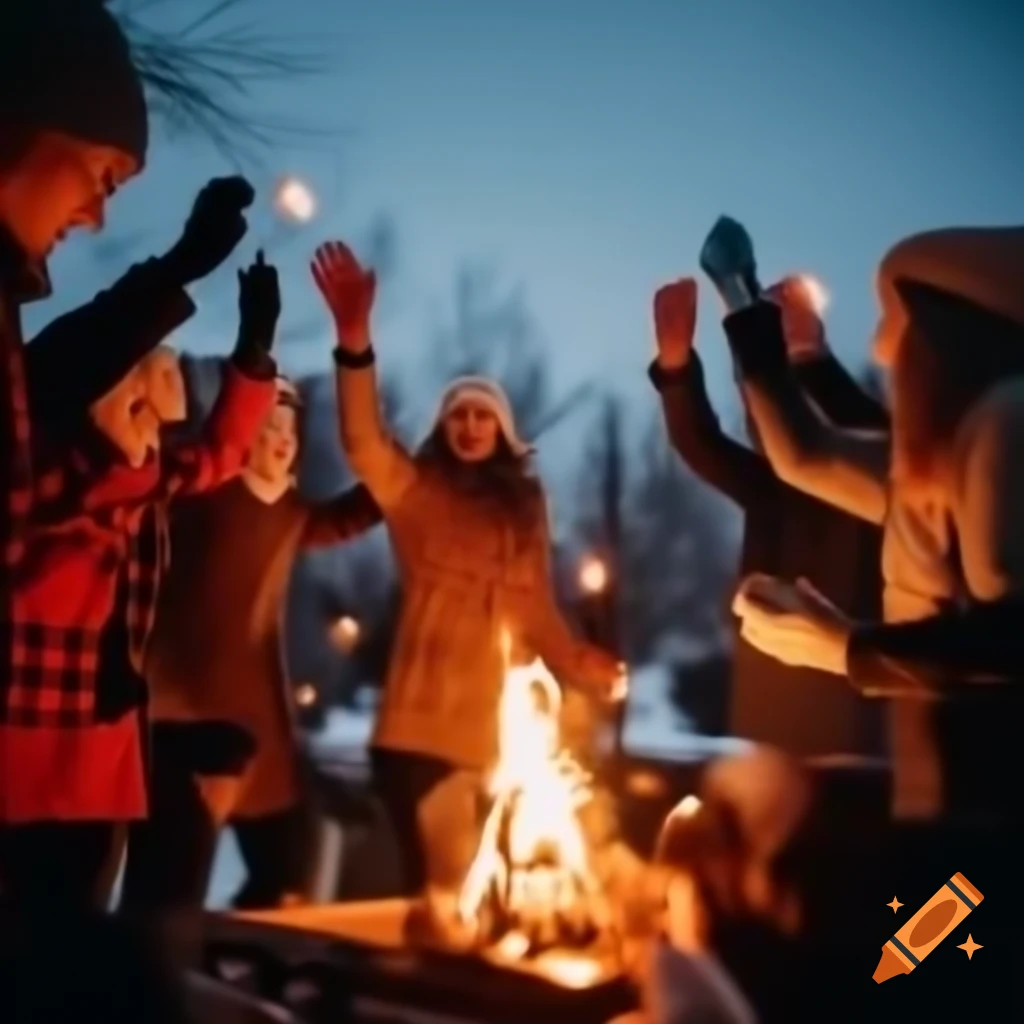 Joyous winter solstice celebration with bonfires and merrymaking