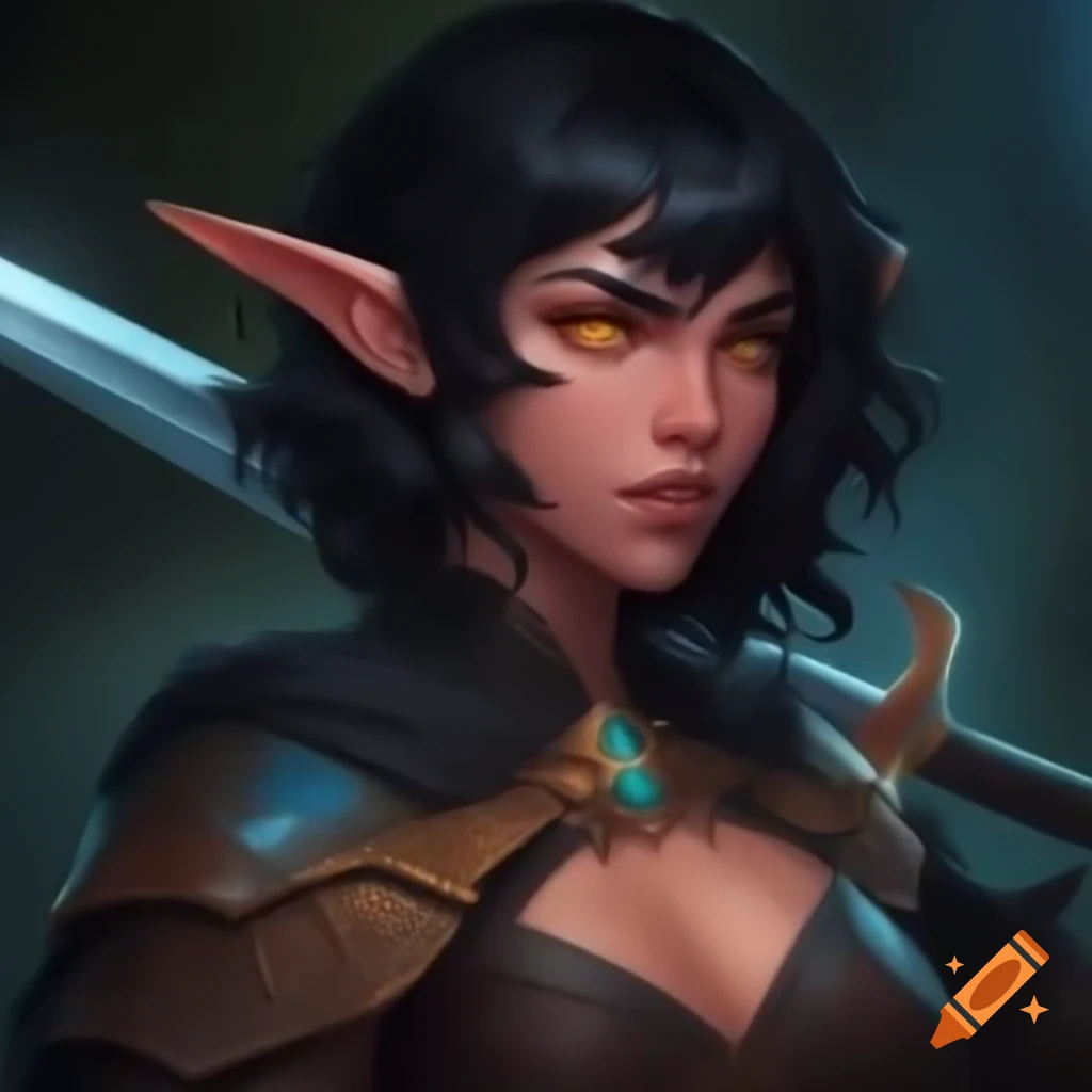 Muscular female half-elven warrior with black hair and amber eyes wielding a longsword