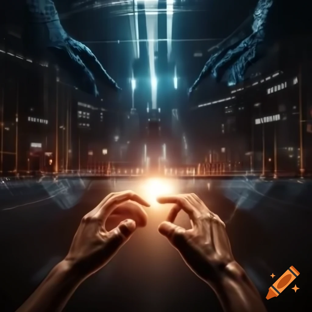 Hands interacting with a large glowing touchscreen interface