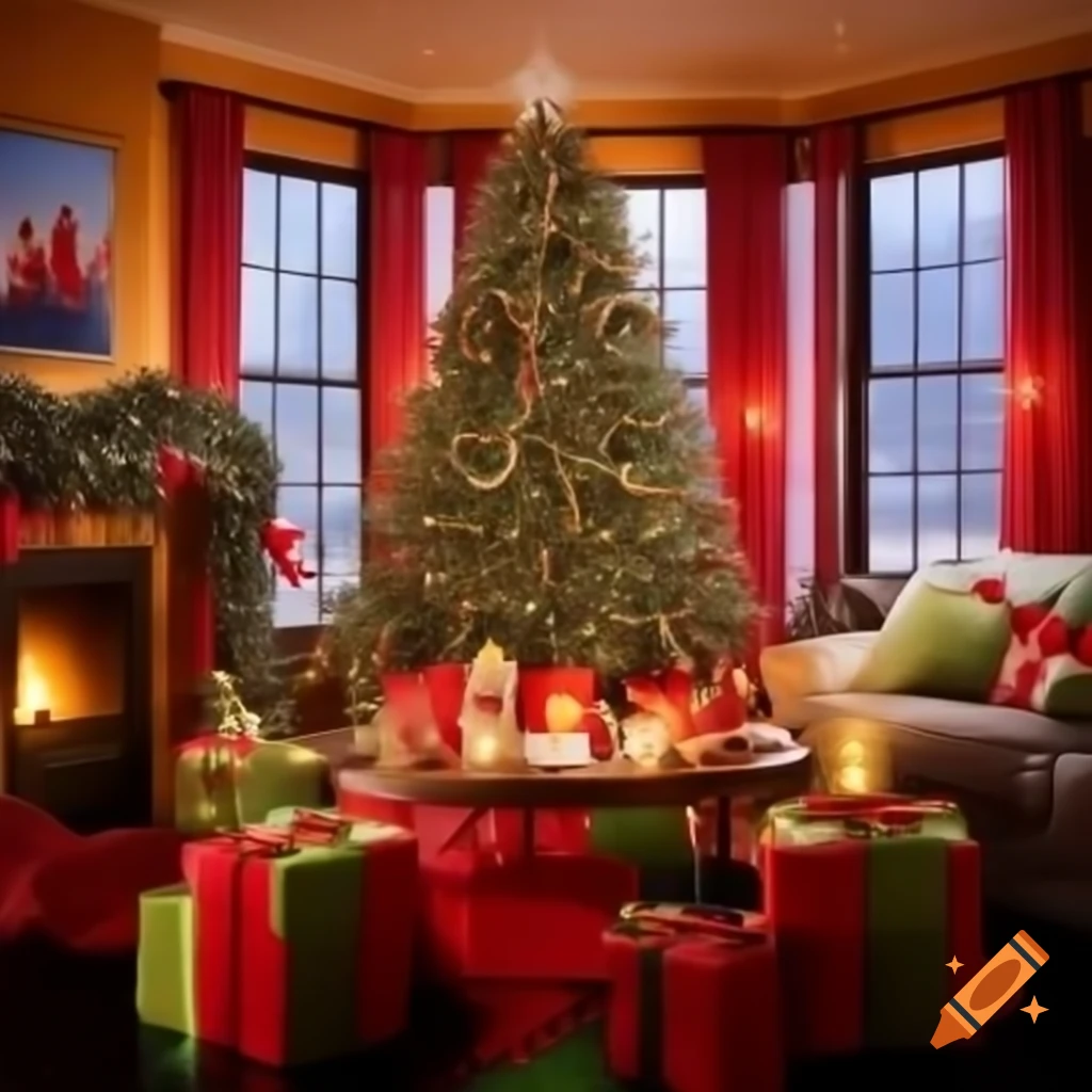 Cozy Christmas living room with decorated tree and roaring fireplace on ...