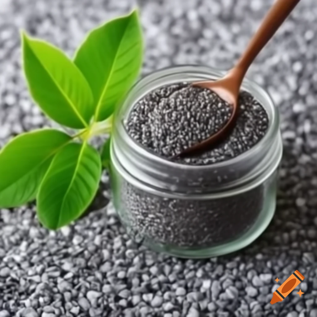Close-up of chia seeds with jar and leaf