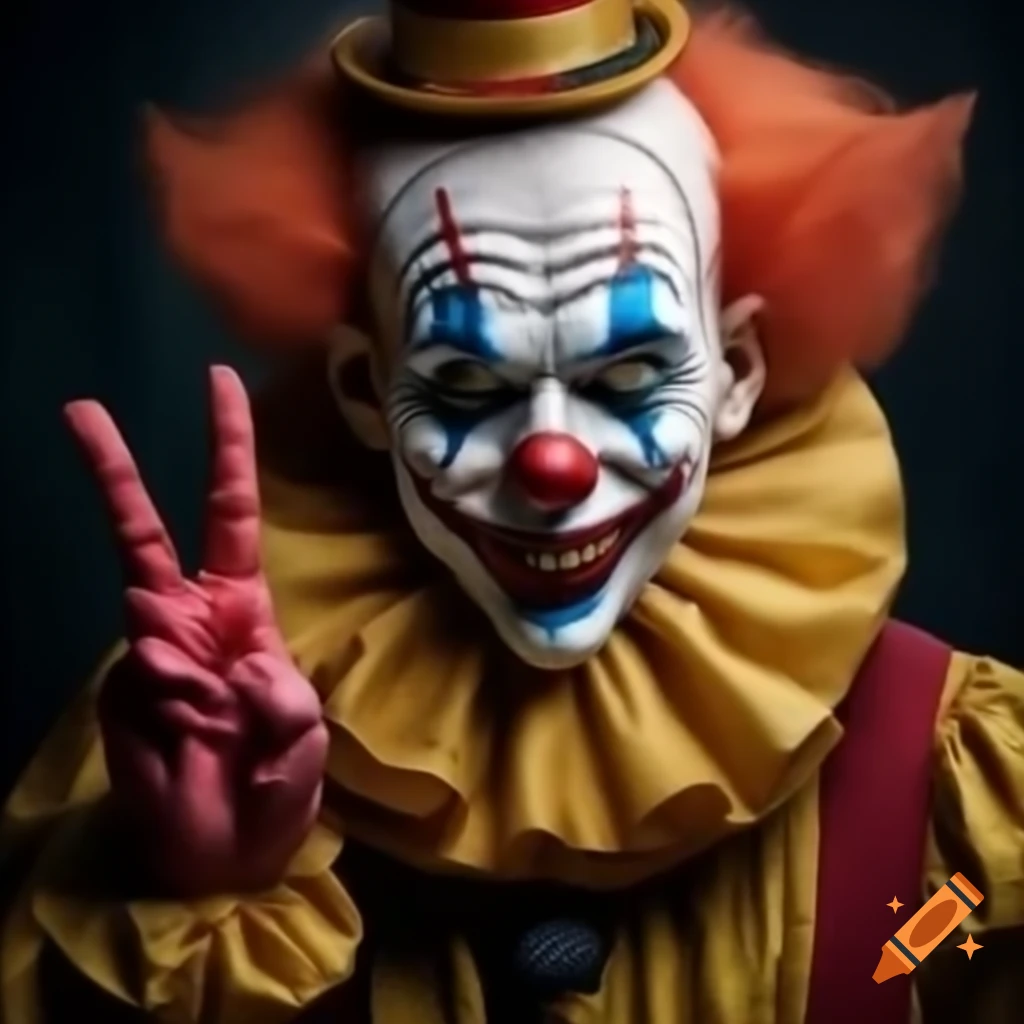 Scary clown making peace sign gesture