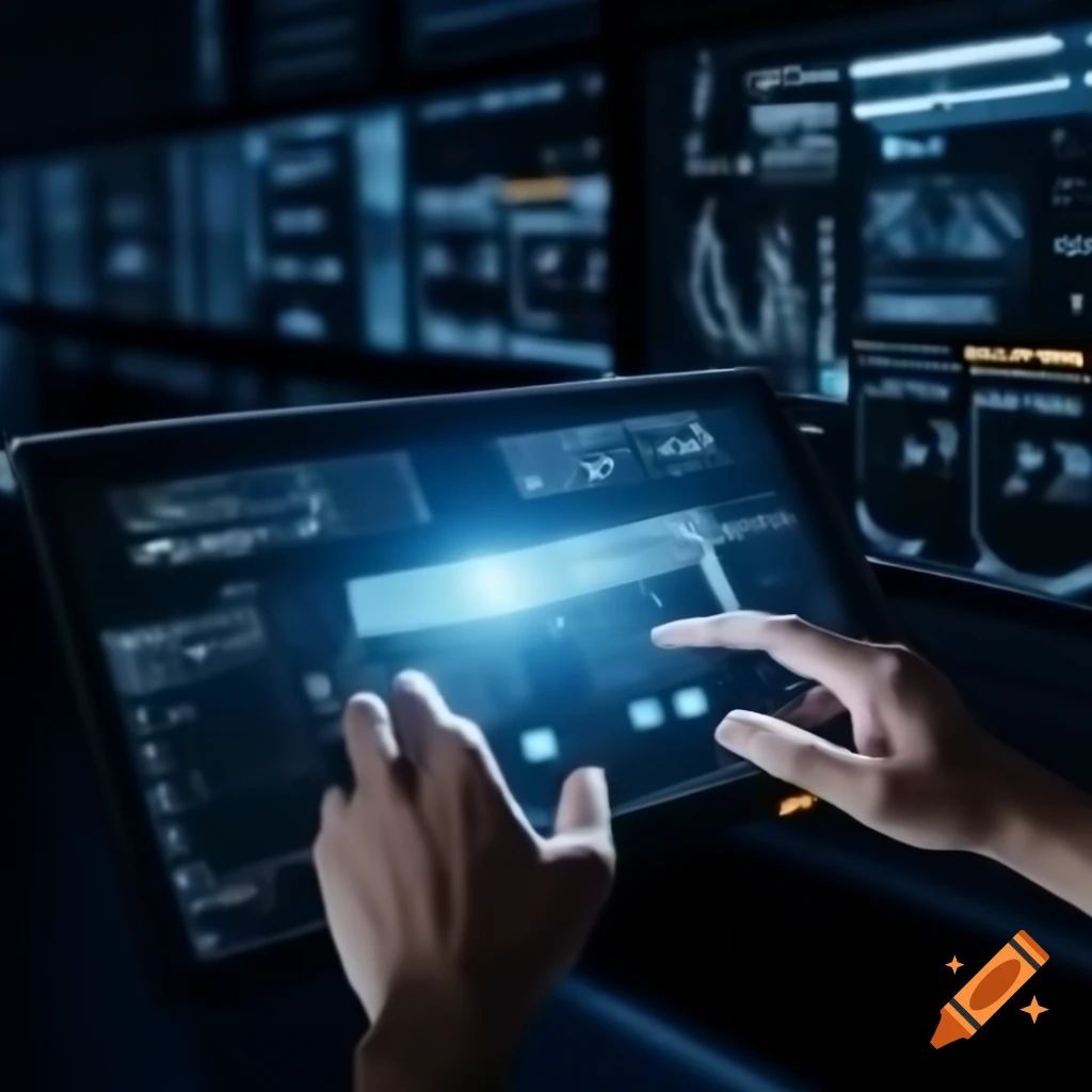 Hands interacting with a large glowing touchscreen interface