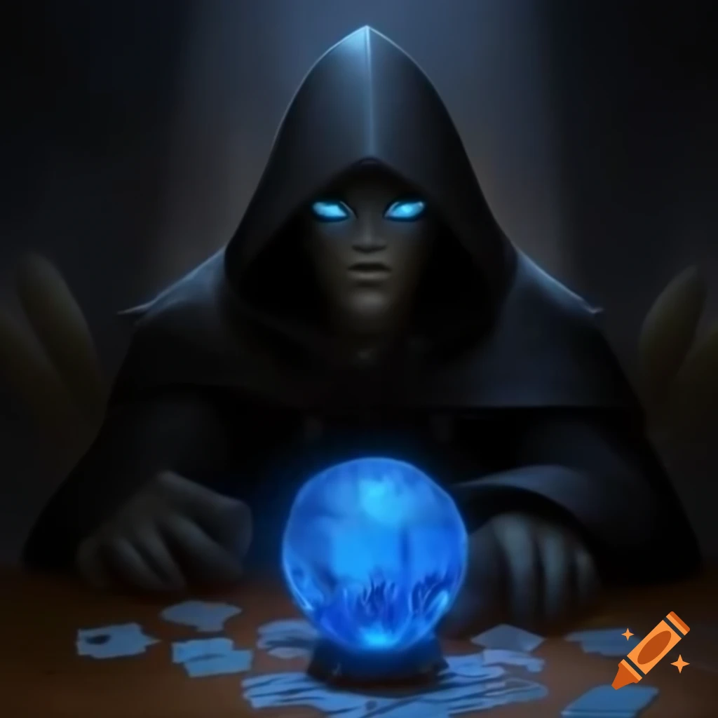 Mysterious hooded figure with glowing blue eyes sitting behind table ...