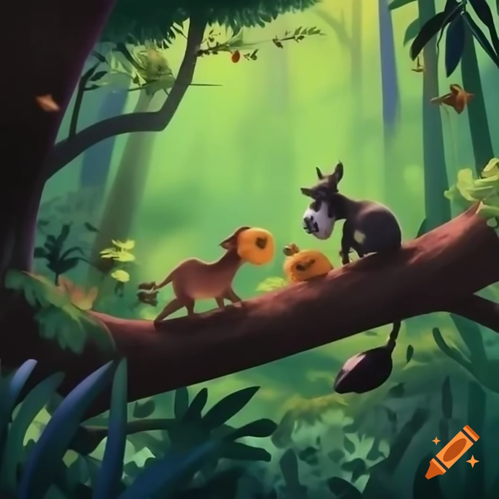 Donkey and monkey collaborating in vibrant forest clearing, collecting fruits