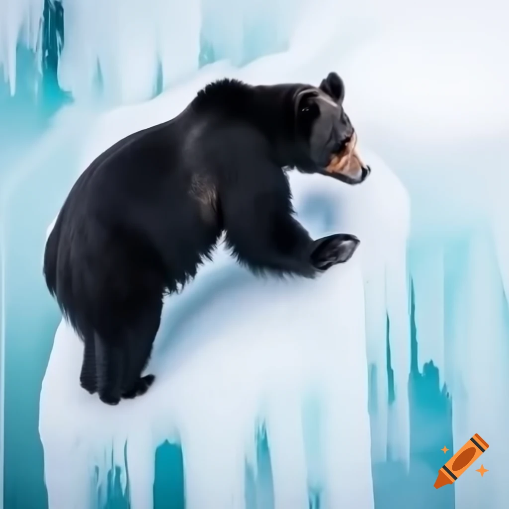 Black bear climbing on ice surface