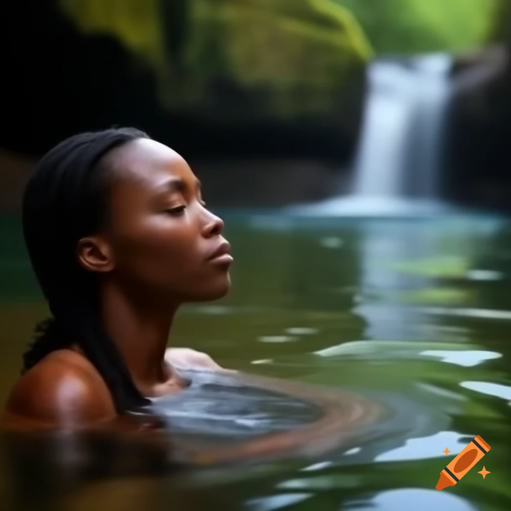 Black woman enjoying bath under waterfall