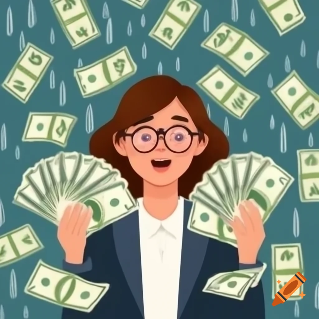 Ecstatic woman celebrating lottery win with money bills falling around her