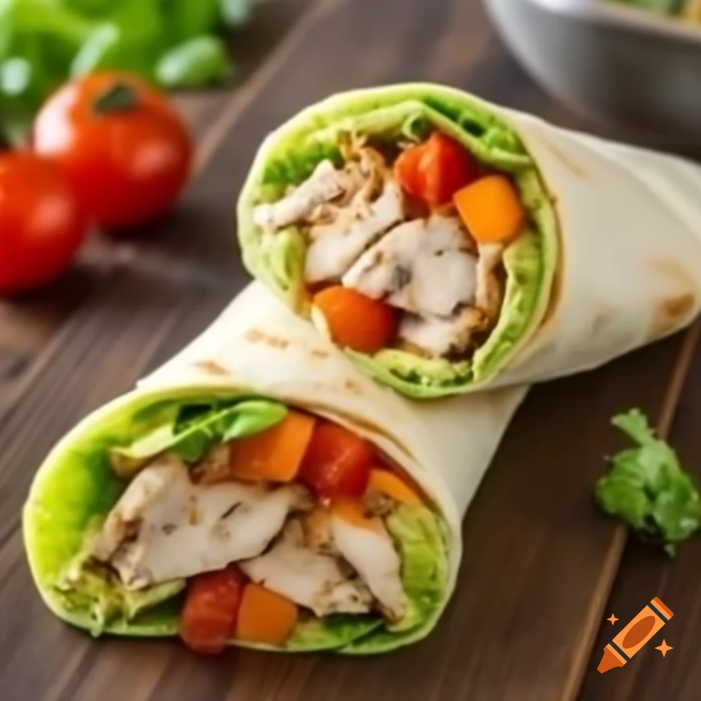 Chicken and avocado whole-grain wrap with side of roasted carrots
