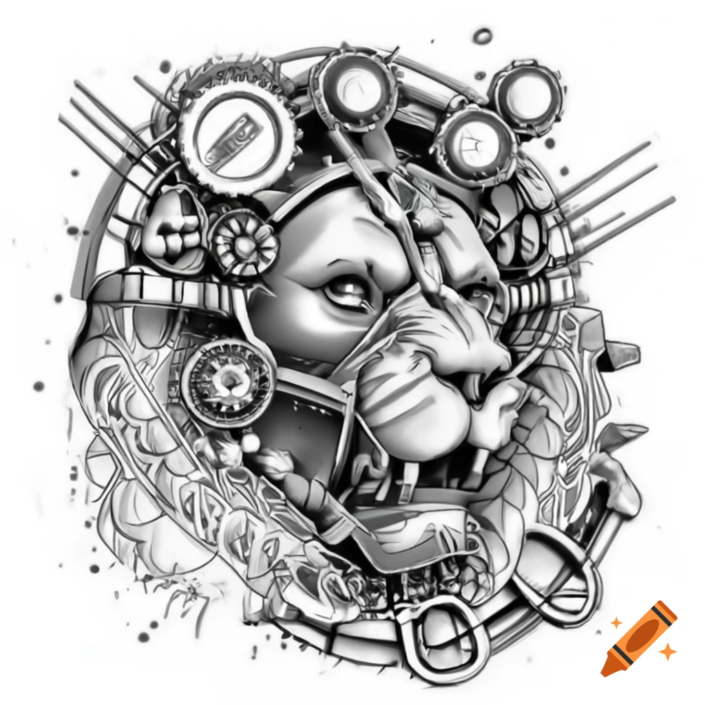 Steampunk lion with metal gears and titanium features, black and white drawing