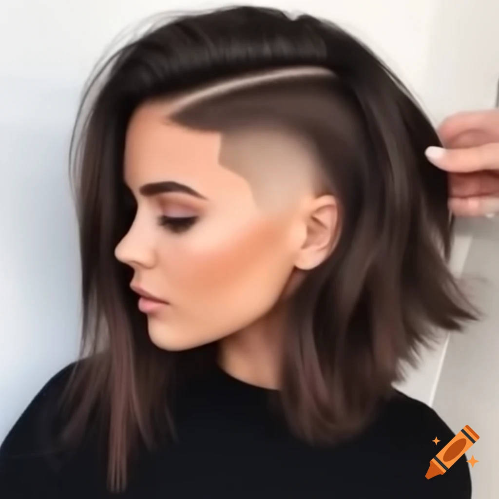 Young woman with thick dark brown asymmetrical bob haircut and shaved ...