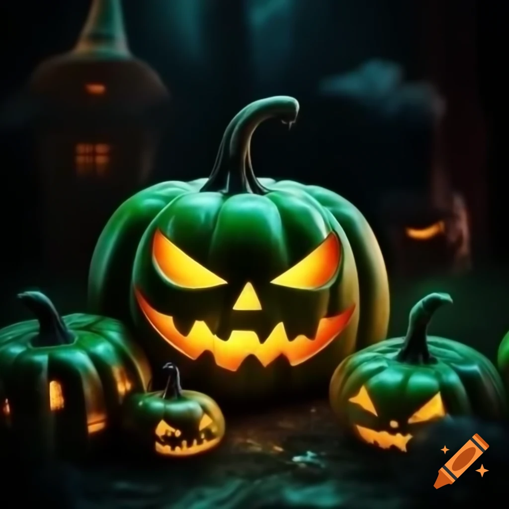 Halloween-themed imagery with green colors and decorations