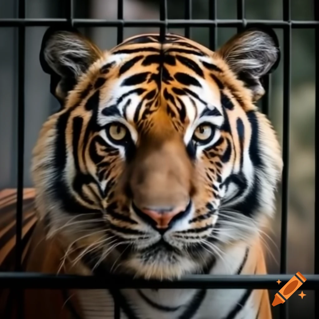 Tiger in a cage, showcasing its stripes and powerful physique