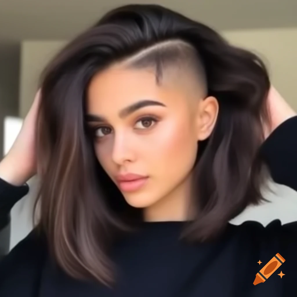 Young woman with thick dark brown shaved undercut bob hairstyle