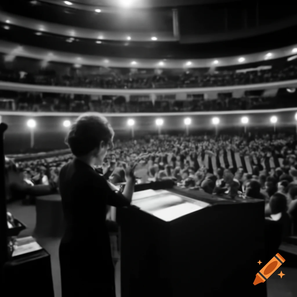 Woman giving speech from podium to attentive female audience in auditorium