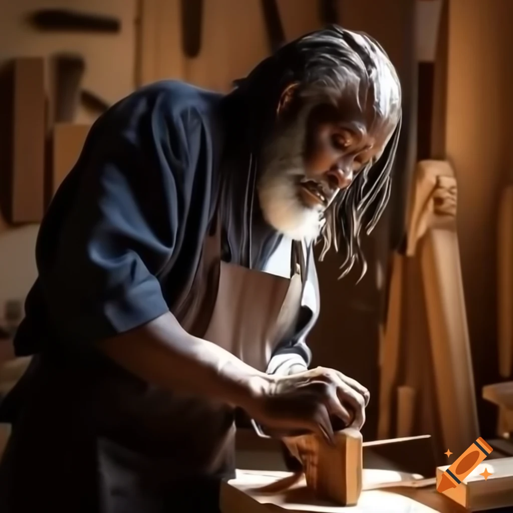 Seasoned Black craftsman chiseling wooden figurine in carpentry workshop