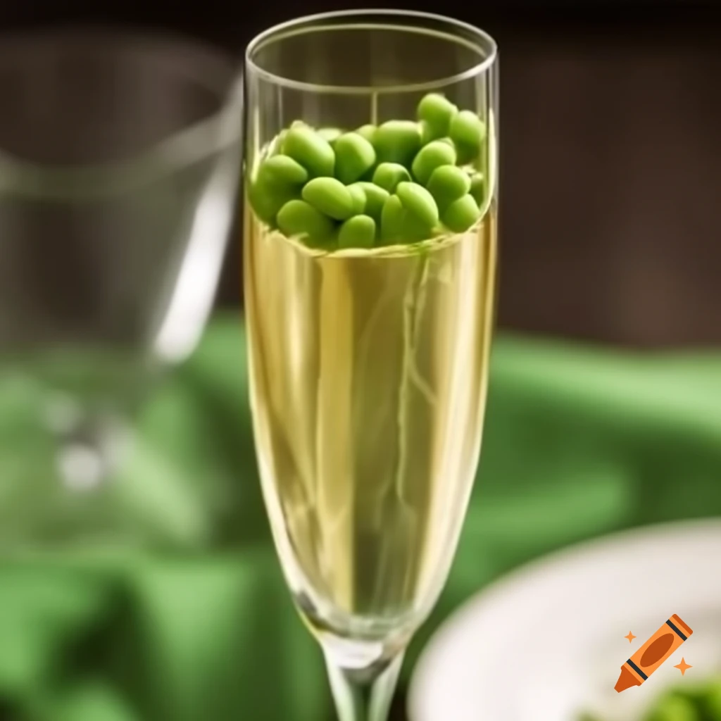 Glass of champagne with peas creatively placed on top