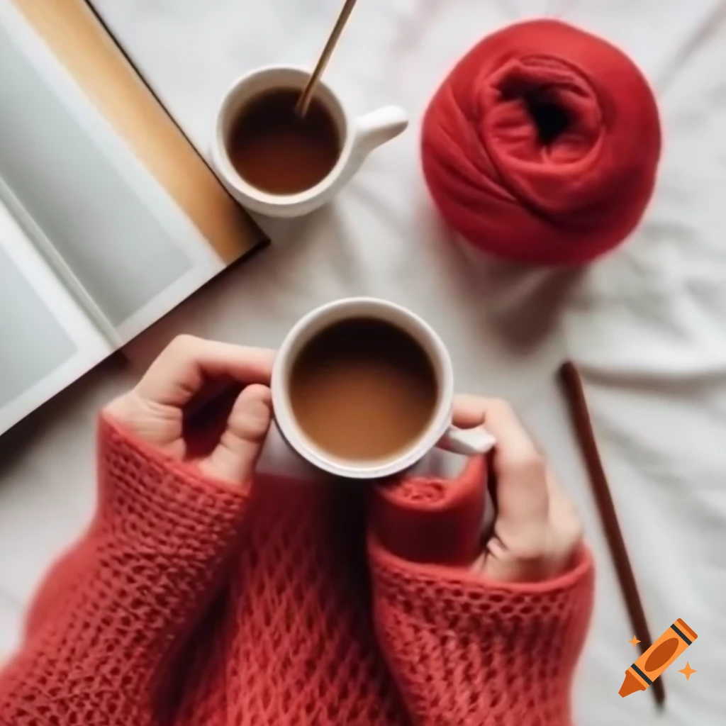 Cozy flatlay of crochet project featuring red yarn and wooden crochet hook