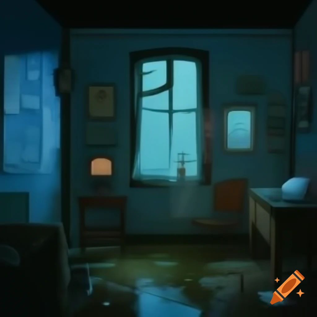 Cozy dimly lit room with vintage decor and rainy street view at night