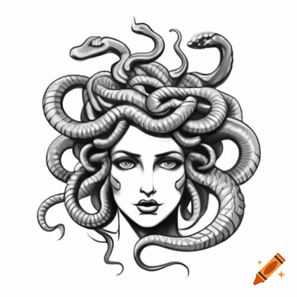 Medusa from Greek mythology with snakes on head, black and white pencil drawing