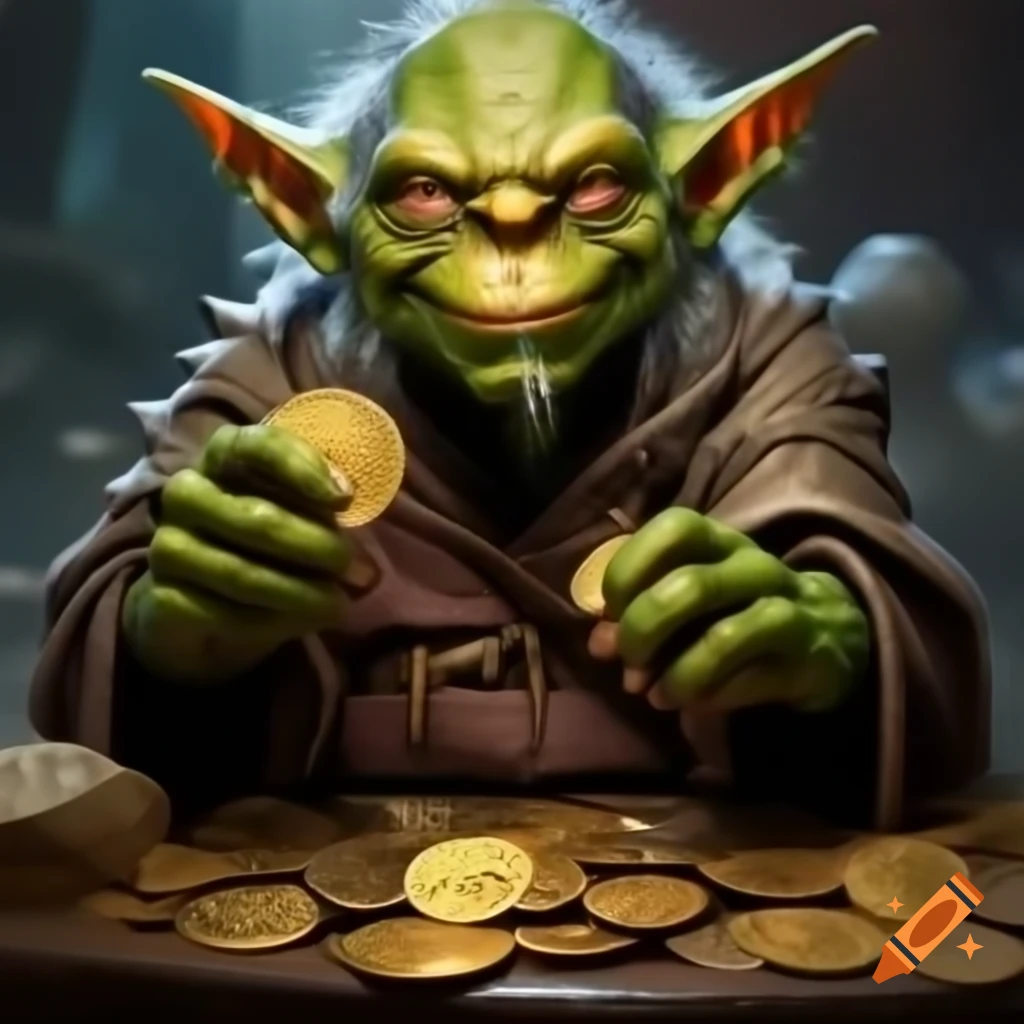 Goblin character holding cryptocurrency coins on Craiyon
