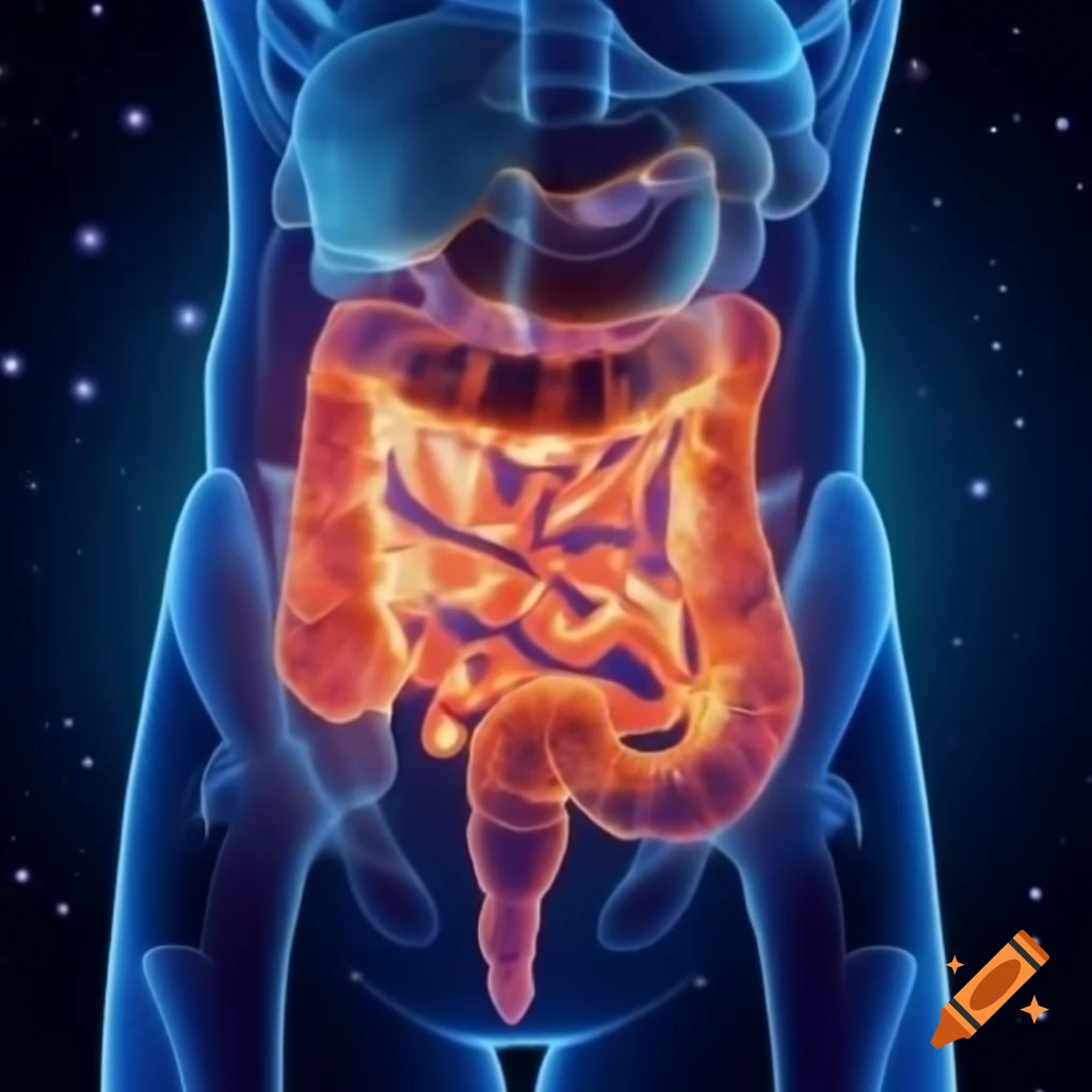 Cartoon-style illustration of healthy human gut with glowing microbes and sparkles