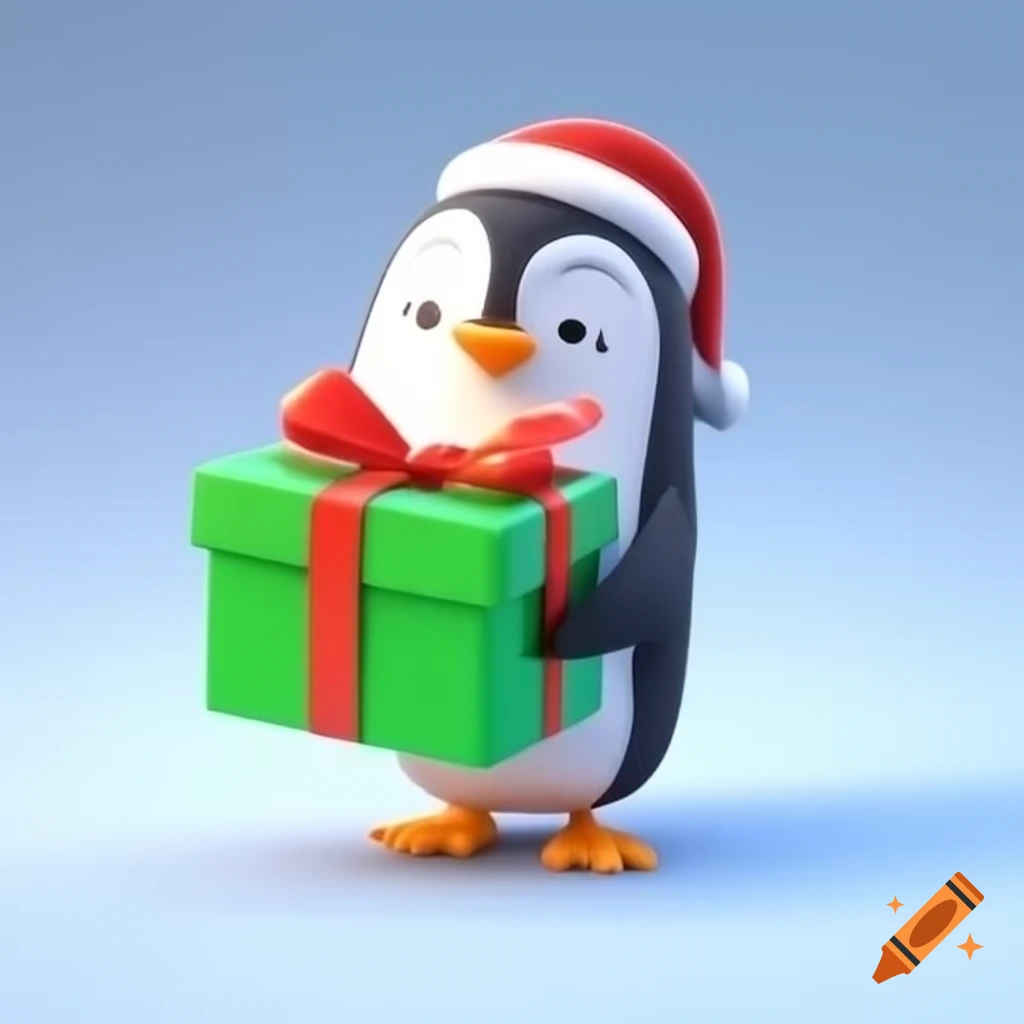 Green and white penguin holding green Christmas gift box