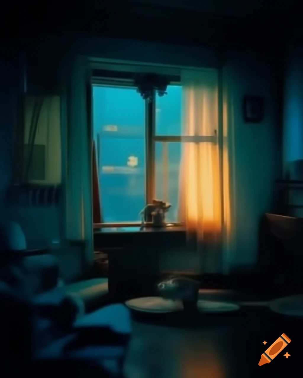 Cozy dimly lit room with vintage decor and rainy street view