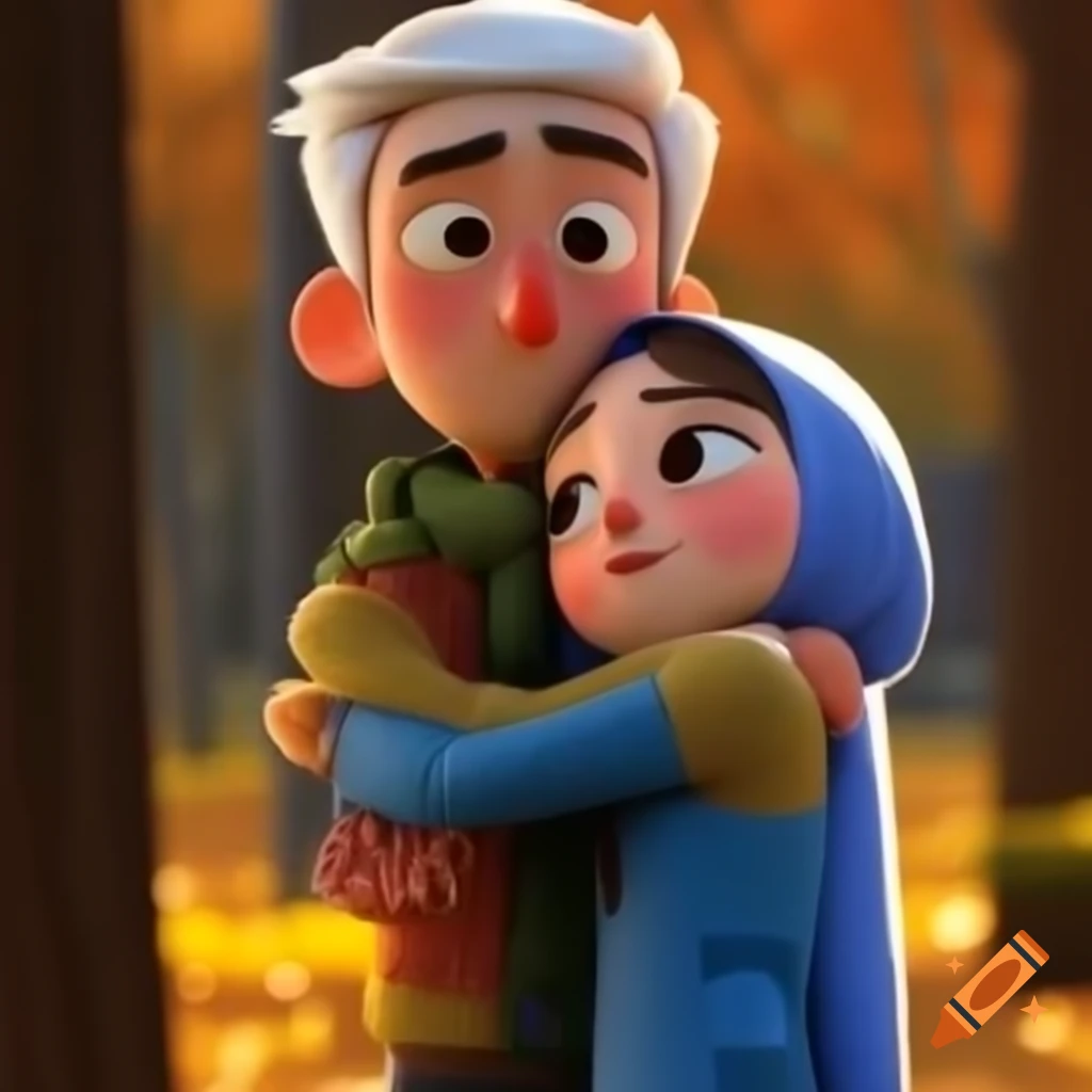 Pixar style depicting two lovers hugging in a park during Fall