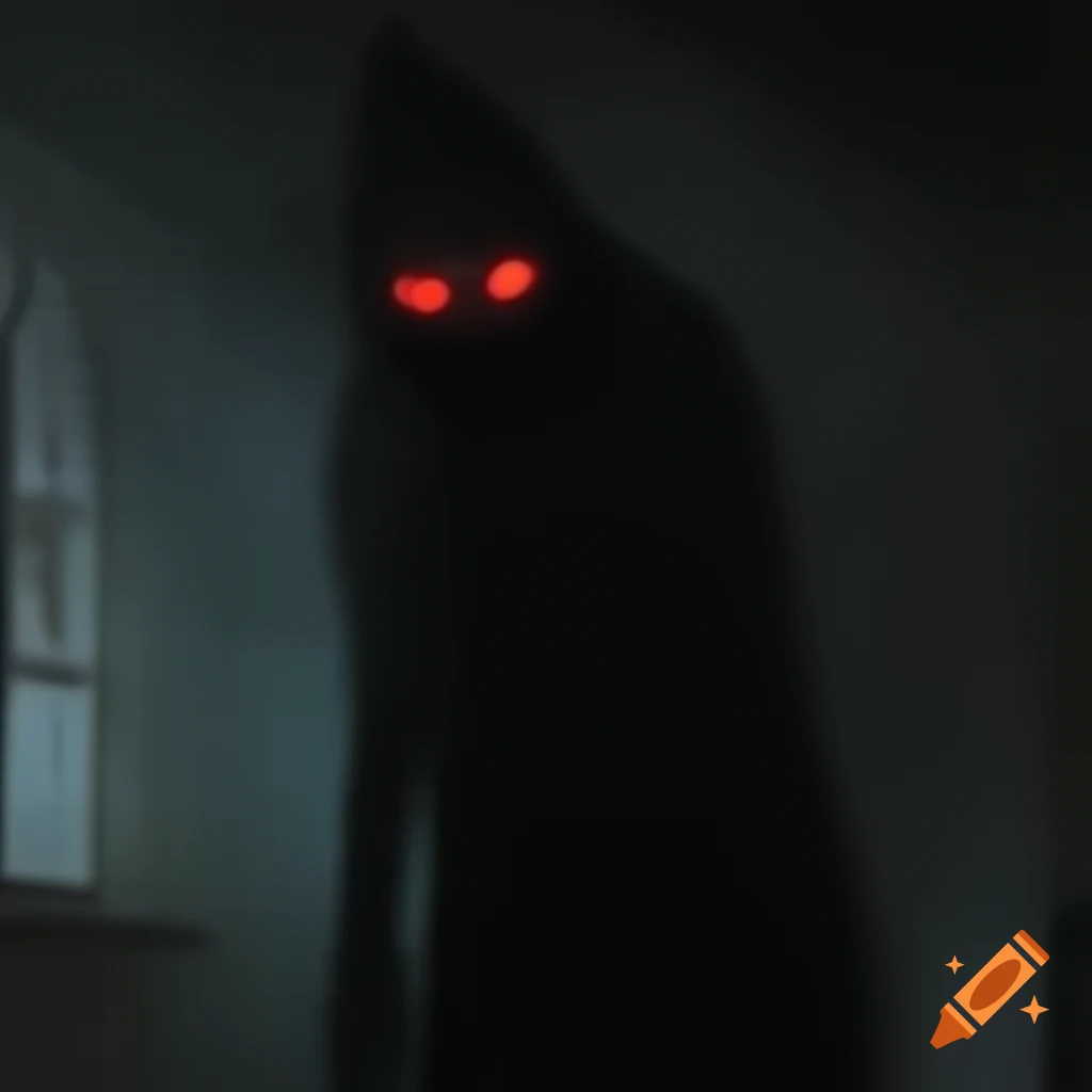 Shadowy figure with glowing red eyes in dark room