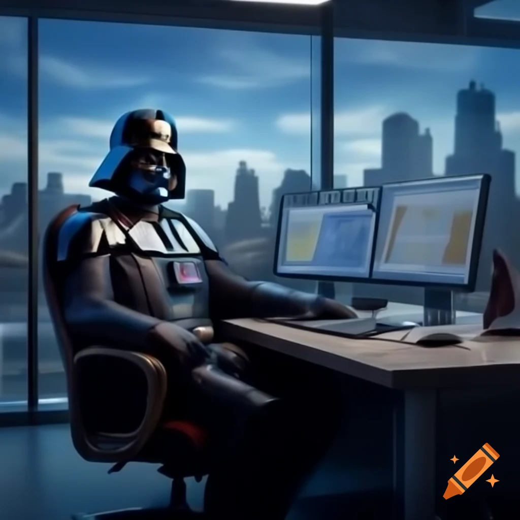 Darth Vader in modern office overlooking Chicago skyline analyzing crypto  charts on Craiyon