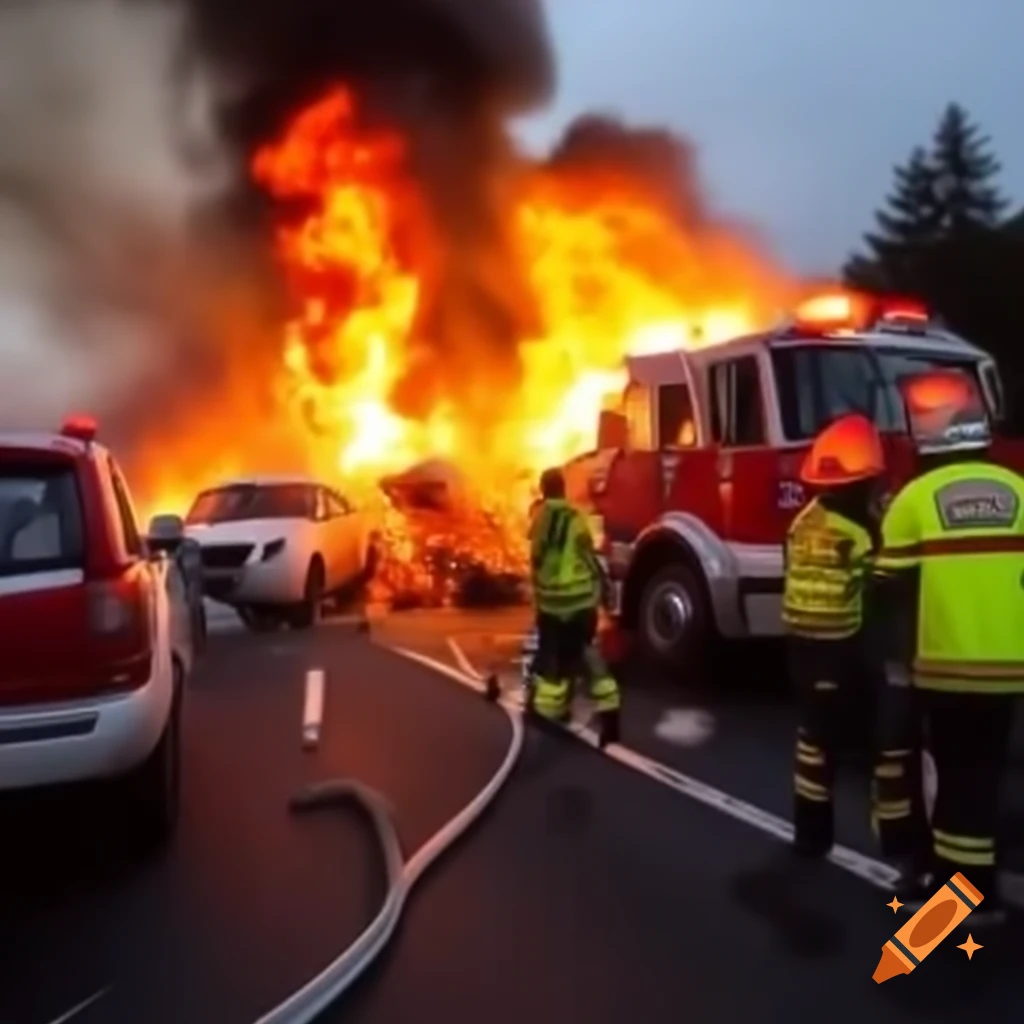 Emergency responders tackling multiple-vehicle highway accident with ...