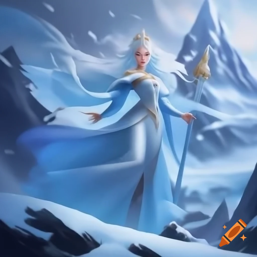 Ice Queen in flowing silk gown on snowy mountain peak on Craiyon