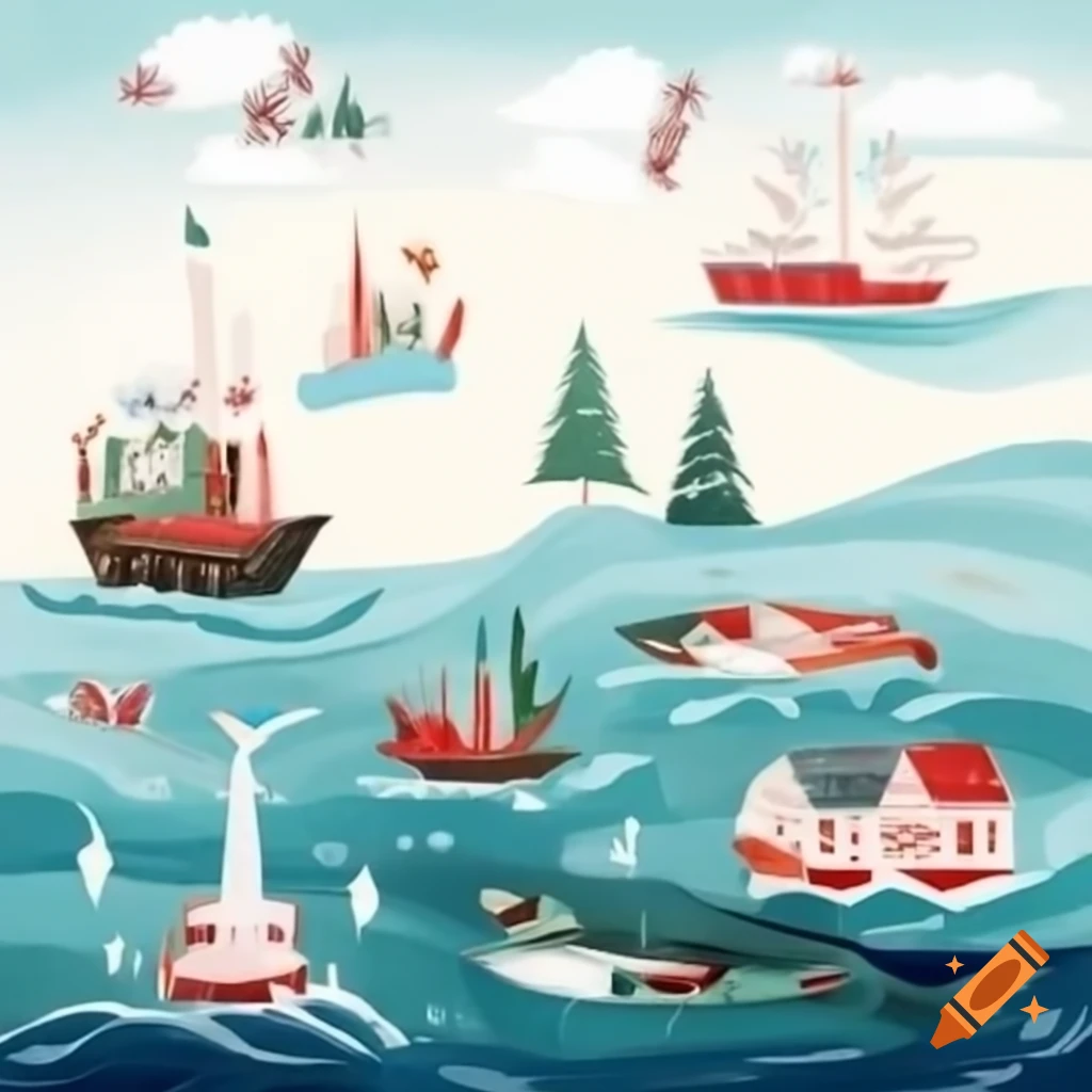 Festive Christmas card with seascape of ships, salmon farms, and wind turbines