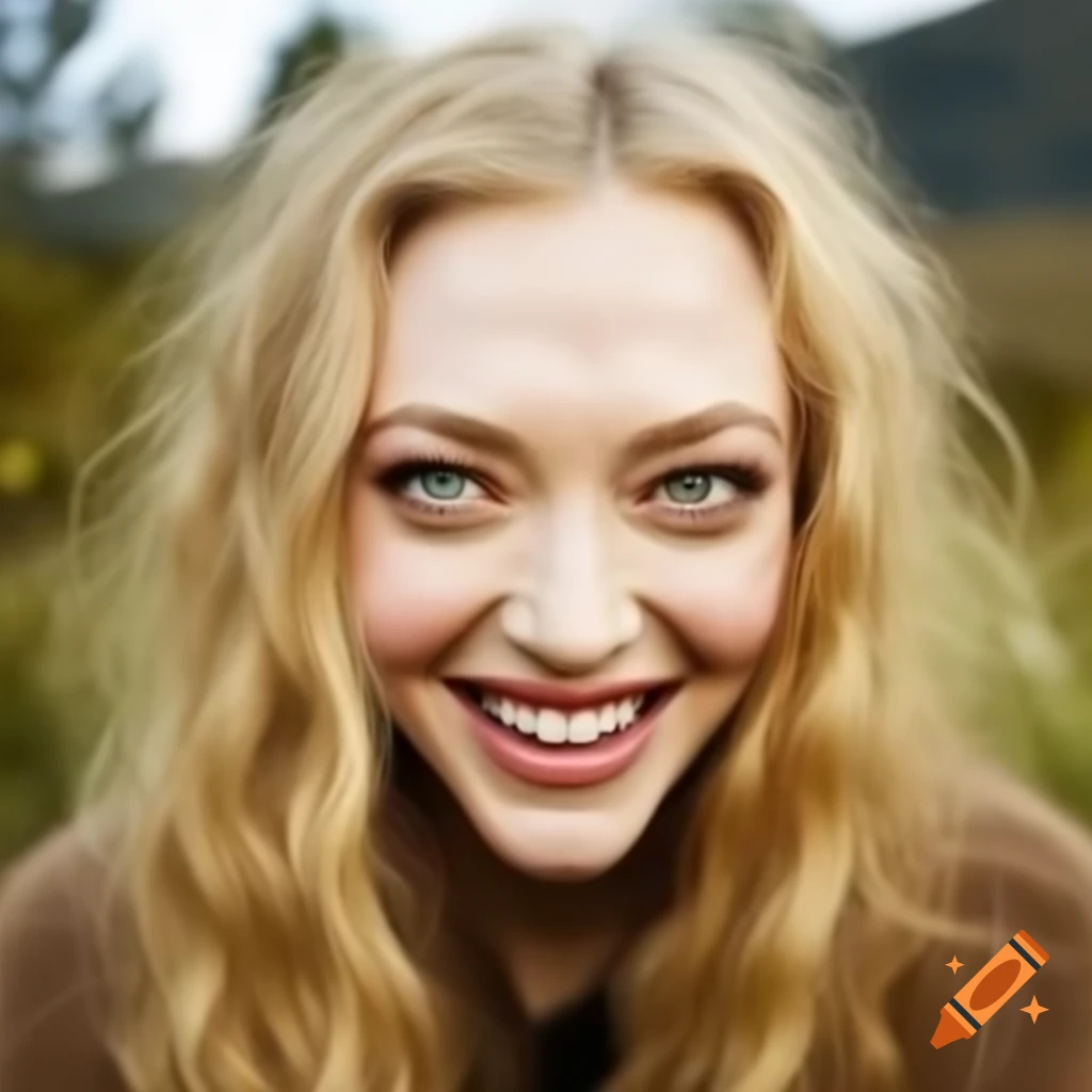 Amanda Seyfried smiling with curly blonde hair and green eyes in natural setting