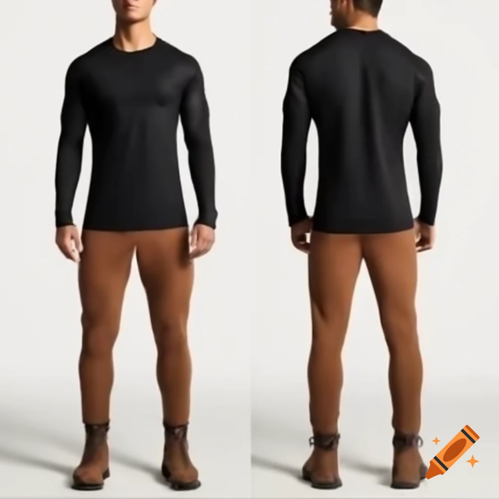 Tall athletic man in black long-sleeved shirt and brown pants, showcasing front, back, and side views