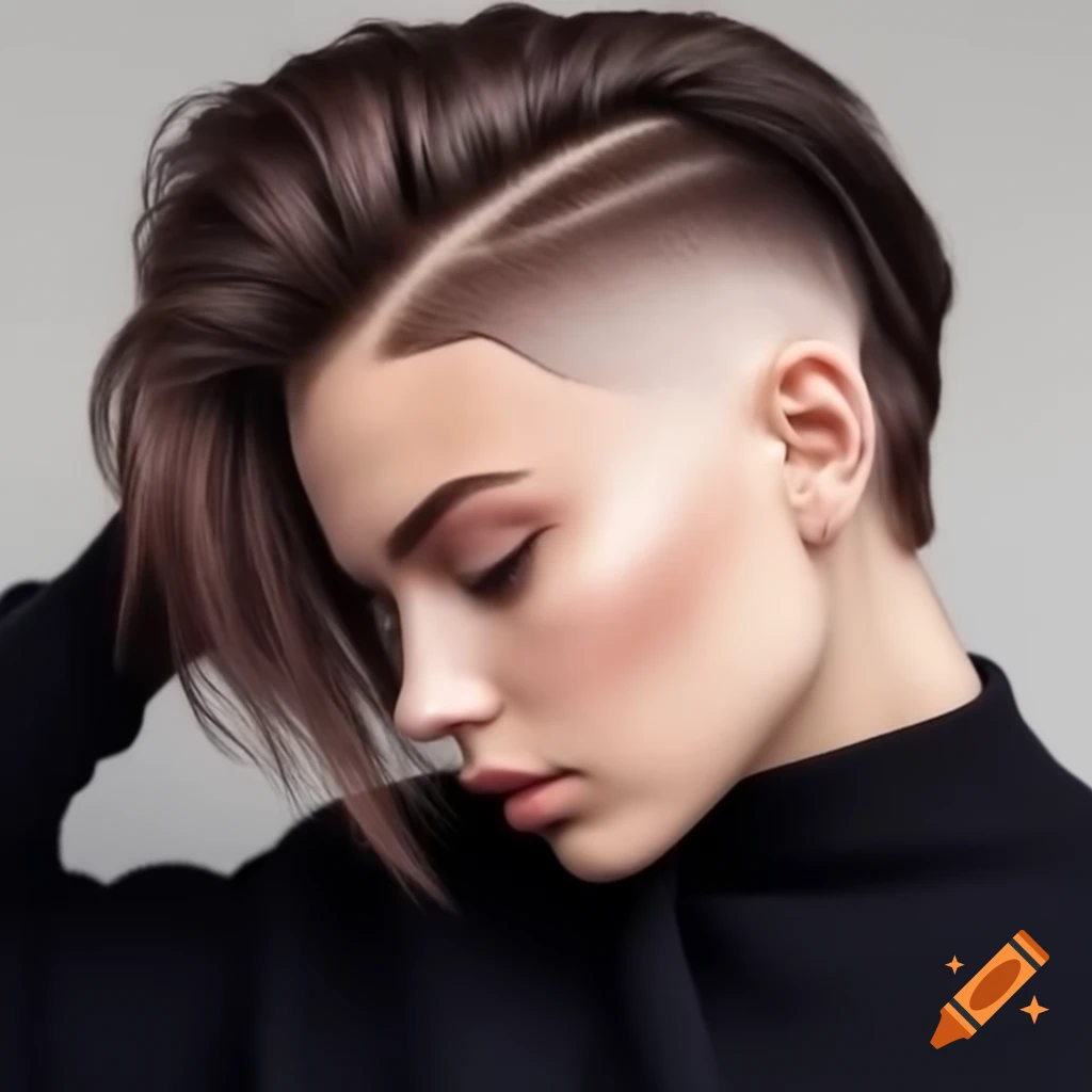Young woman with dramatic undercut bob and thick dark brown hair