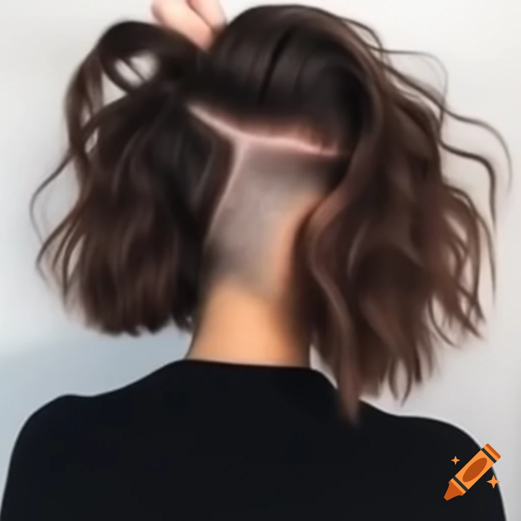 Young woman with dramatic undercut bob and thick dark brown hair