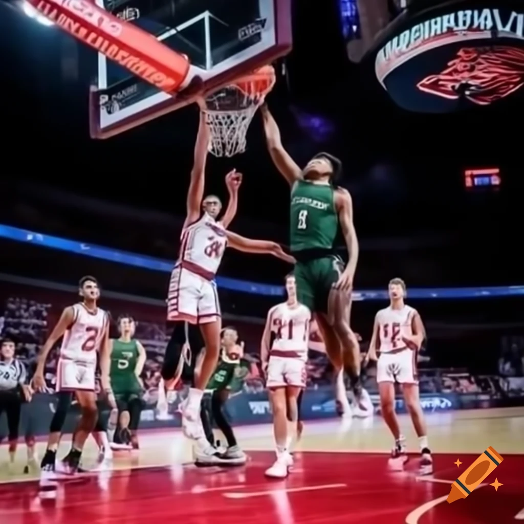 Intense basketball match between two competitive teams