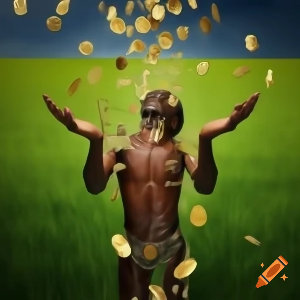Hyper-realistic illustration of African man reaching for falling gold