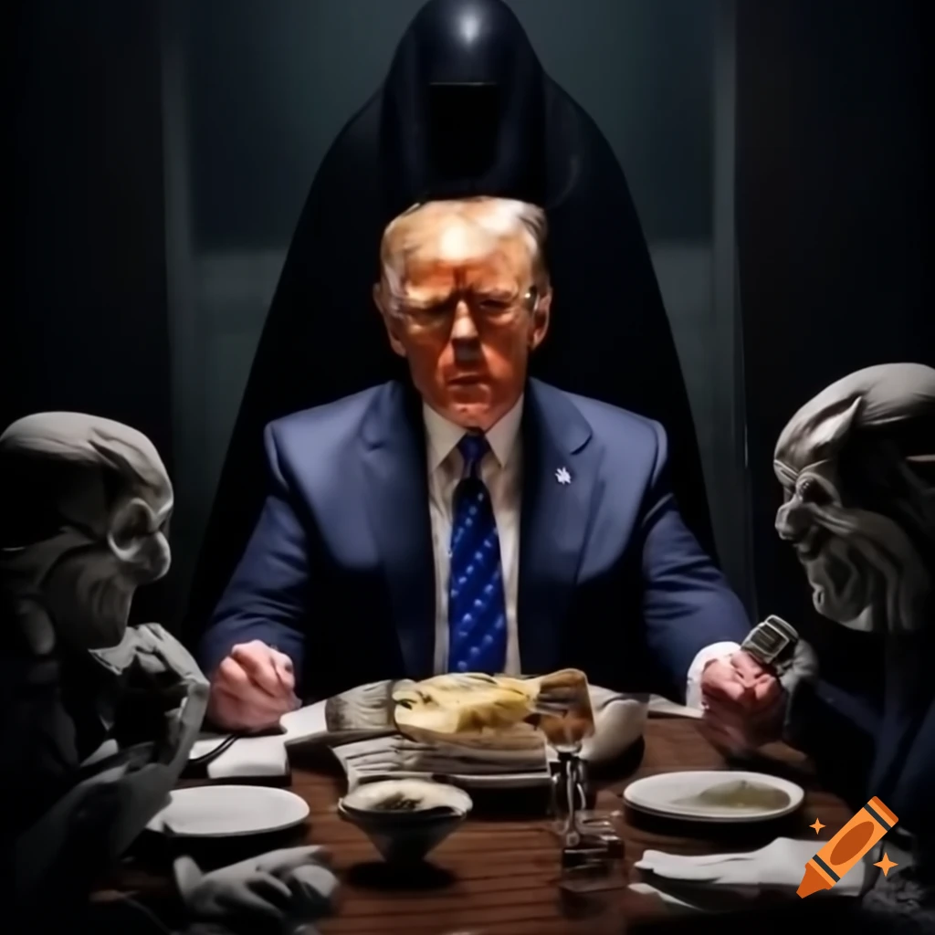 Hyperrealistic dinner scene with Donald Trump and a cloaked figure ...