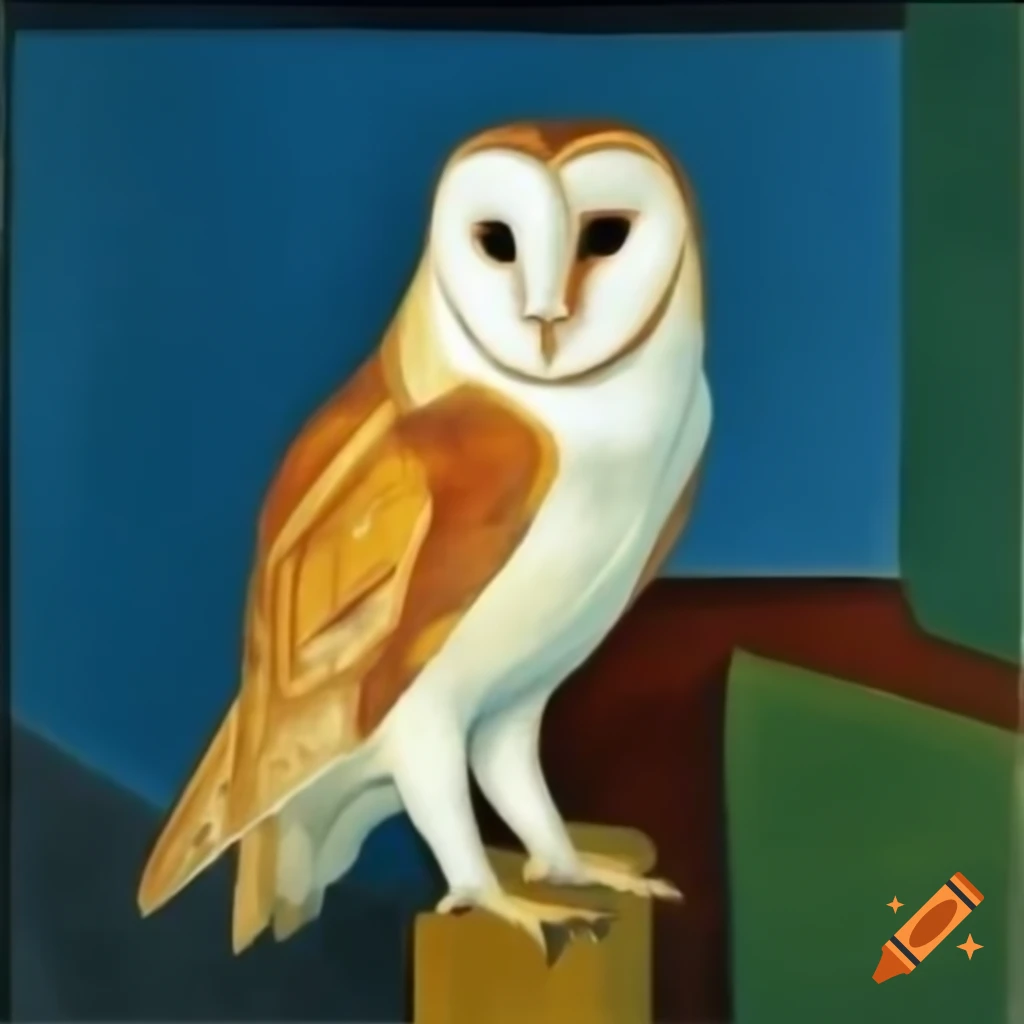 Full body view of barn owl painting in Picasso's blue period style